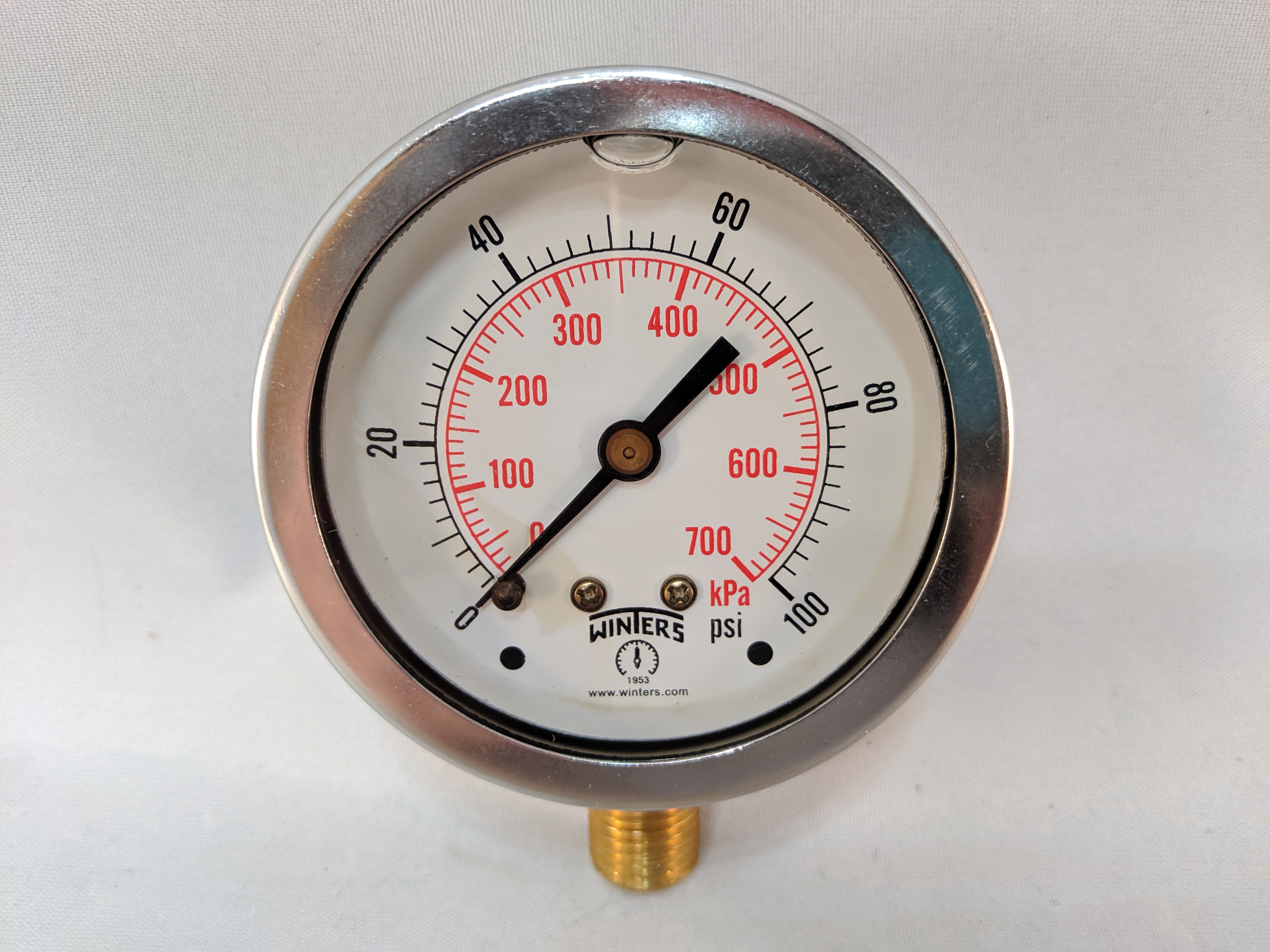 Pressure Gauge, 63mm dial size, 1/4" NPT bottom, 0-100PSI/kPa, Liquid