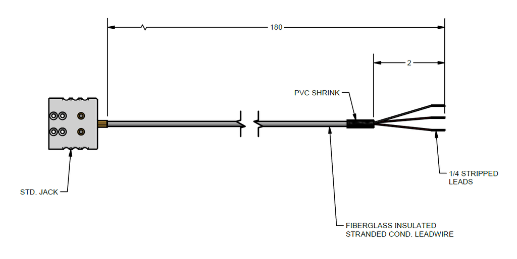Pyromation 3 WIRE RTD EXTENSION, 180" LENGTH, FIBERGLASS INSULATION, STANDARD FEMALE JACK, 2" SPLIT LEADS 1/4" STRIPPED