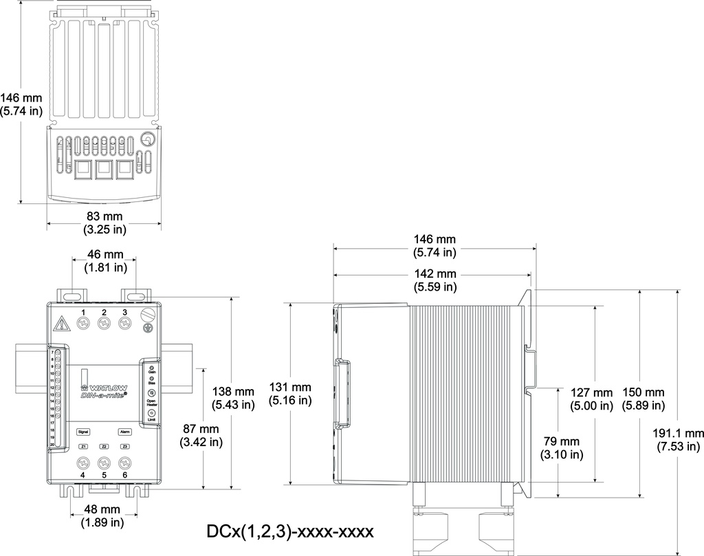 DIN-A-MITE C Power Controller, 277-600 VA (ac), 3-phase, 2 controlled legs, Fan cooled 120VAC standard DIN-rail or panel heat sink