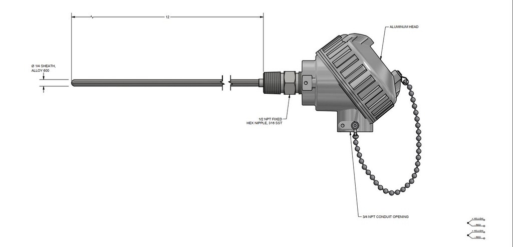 Pyromation, Type K Thermocouple, Dual, 12Inch Length