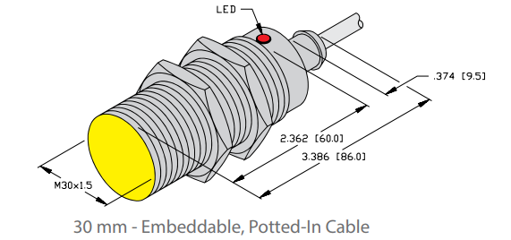 TURCK BI10-M30T-AZ3X, 30mm BARREL, 2W AC/DC OUTPUT, 20-250VAC/10-300VDC VOLTAGE, RG 10mm, EMBEDDABLE POTTED-IN CABLE