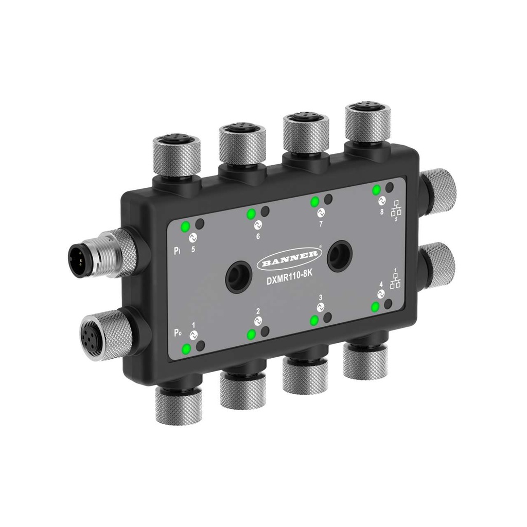 DXMR110 8-port IO Link Master/Controller. Power: 12-30 V dc. Female M12 (D-Code Ethernet). IP67, IP68. Ethernet IP, Modbus TCP, and Profinet