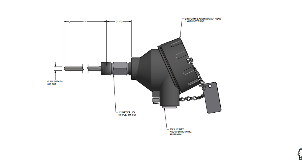 Explosion Proof RTD, 3 Wire, 14 Inch