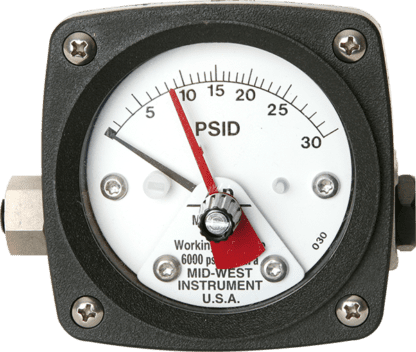 Midwest Model 120, 0-75 PSID Scale, 3,000 PSIG Working Pressure, Aluminum Body & End Plugs, Stainless Steel Piston, Ceramic Magnet, Buna-N Seals, 1⁄4” FNPT Back Connections, 2-1/2” Round Dial, Engineered Plastic Dial Case with Shatter Resistant Acrylic Lens, Accuracy ±3/2/3% Full Scale (Ascending)