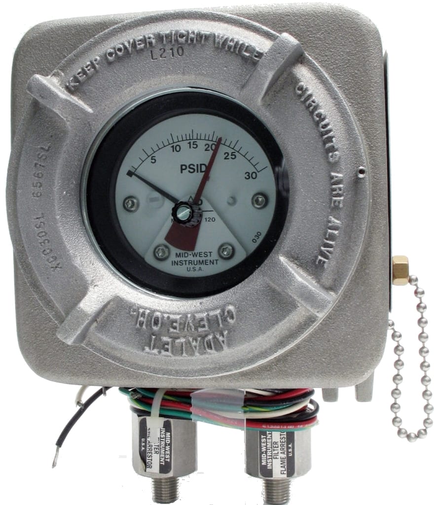 Midwest Model 120, 0-75 PSID Scale, 3,000 PSIG Working Pressure, Aluminum Body & End Plugs, Stainless Steel Piston, Ceramic Magnet, Buna-N Seals, 1⁄4” FNPT Back Connections, 2-1/2” Round Dial, Engineered Plastic Dial Case with Shatter Resistant Acrylic Lens, Accuracy ±3/2/3% Full Scale (Ascending)