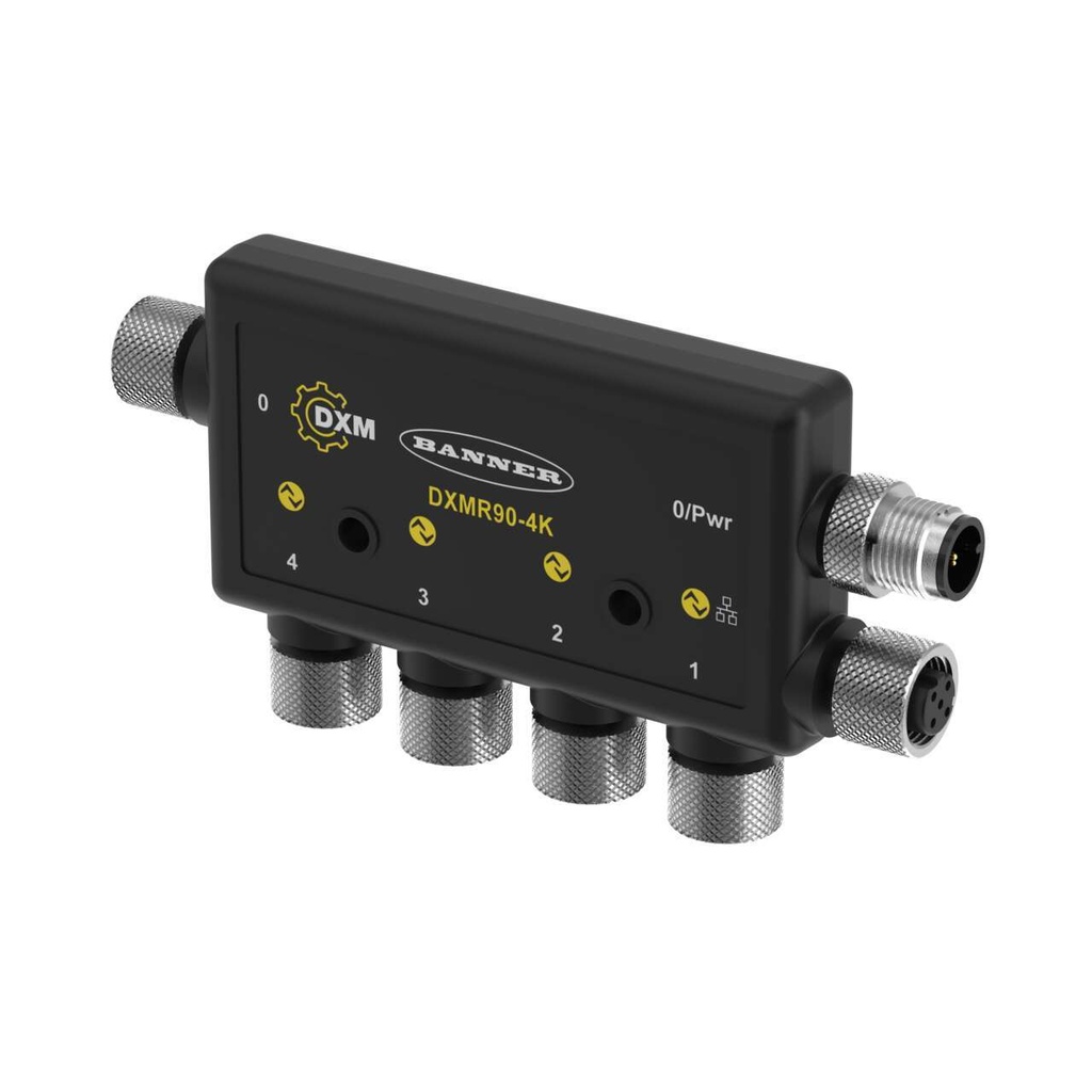 DXMR90-4K IO Link Master/Controller. Power: 12-30 V dc. Female M12 (D-Code Ethernet). IP67, IP68. Ethernet IP, Modbus TCP, and Profinet. Includes: STP-M12D-406