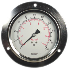 Wika 213.53 Series Glycerin Filled Industrial Pressure Gauge, 4" Dial, 0 to 200 psi (kg/cm2), 1/4 NPT Brass Lower Back Mount, Front Flange Panel Mount