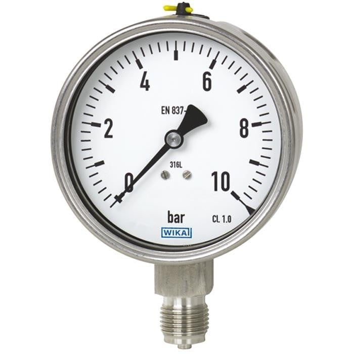 WIKA Stainless Steel Liquid Filled Vacuum Gauge, 2.5" Dial, 0-30" HG Vacuum, 1/4" NPT SS Lower Mount
