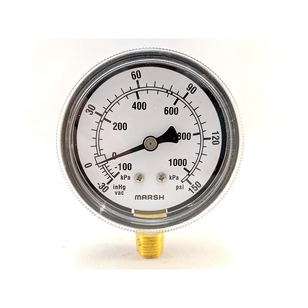 PRESSURE GAUGE 30"HG VAC X 150 PSI 2.5" 1/4"BOTTOM CONN 2%