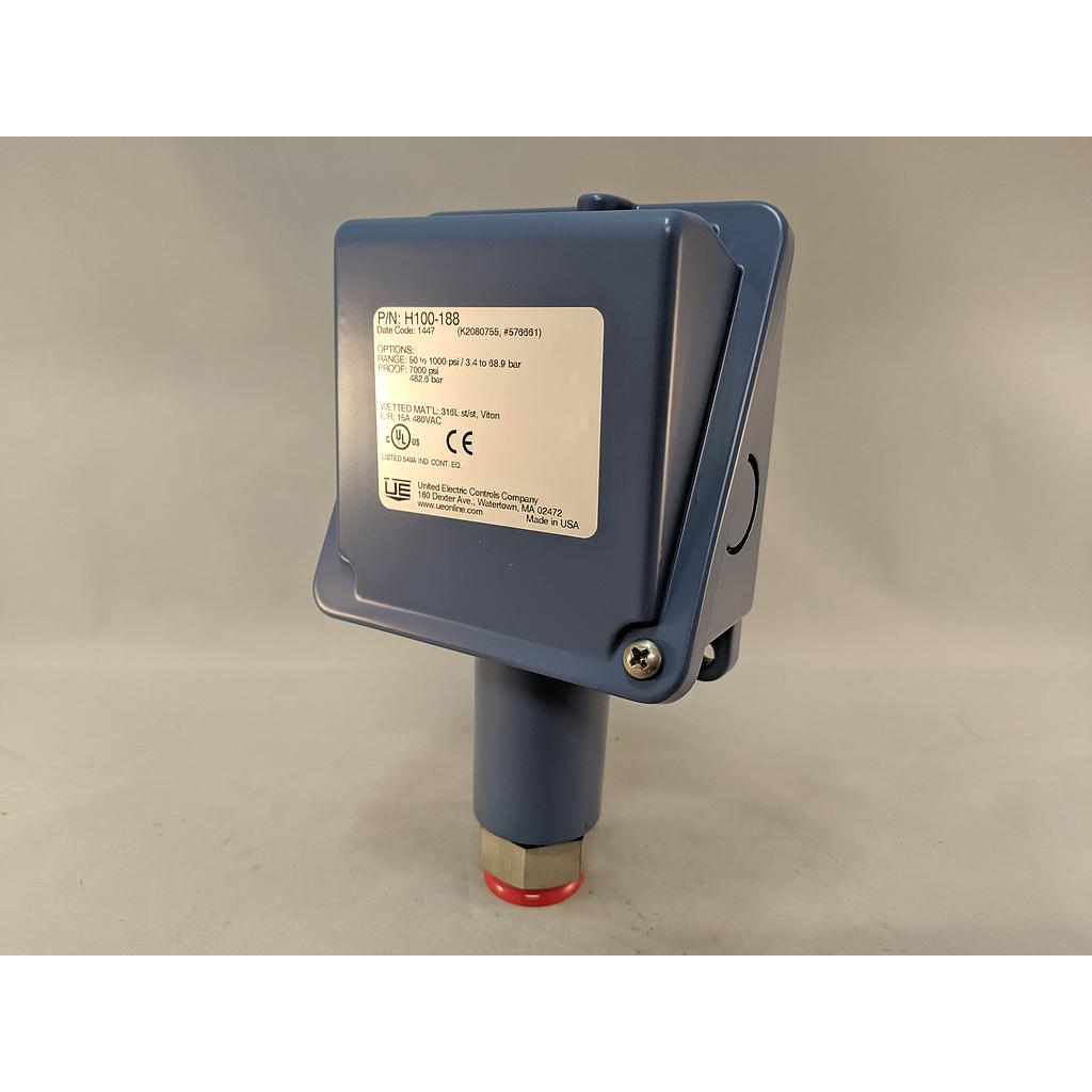 United Electric 100 Series Pressure Switch, SPDT, Range 50-1000 PSI, 316SS Diaphragm, Viton O-ring, 316SS 1/2” NPT (female) Pressure Connection