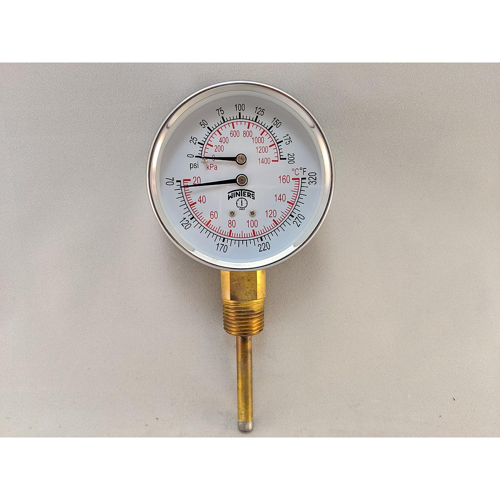 TRIDICATOR GAUGE 0-200PSI/70-320F 1/2"NPT BOTTOM MOUNT