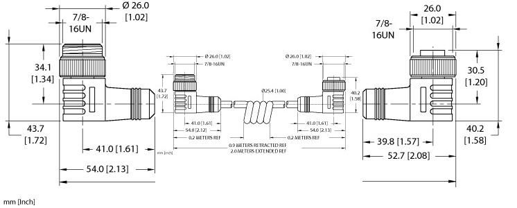 Turck Actuator and Sensor Cordset, Extension Coil Cordset (WSM WKM 30-2M/S90-SP)