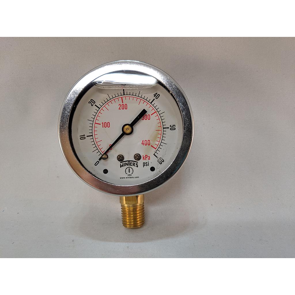 Pressure Gauge, 63mm dial size, 1/4" NPT bottom, 0-60PSI/kPa, Liquid Filled