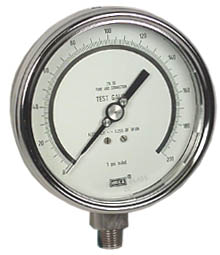 Wika 332.54 Series Dry Precision Test Pressure Gauge, 4" Dial, 0 to 200 PSI, 1/4" NPT SS Lower Mount
