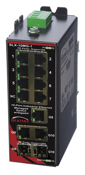 10-Port Industrial Gigabit Ethernet Managed Switch, (7) 10/100Base, (1) 10/100/1000Base, 2 dual mode