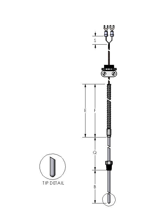 Watlow 23 Series Style Type J Thermocouple, .188" dia x 2" immersion length, Grounded, 60" leads/armor length w/#6 spade lugs