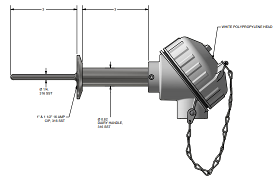 Pyromation CIP Sanitary-Connected RTD, Single 3-Wire, 1/4" OD x 3" Immersion, 1-1/2" OD SS Tri-Clamp, PP Head