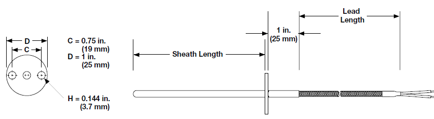 Watlow Sensor Style 25 Flange Mount Type J T/C, 3" Sheath, 24" Fiberglass Leads w/SS Overbraid, Mini Plug