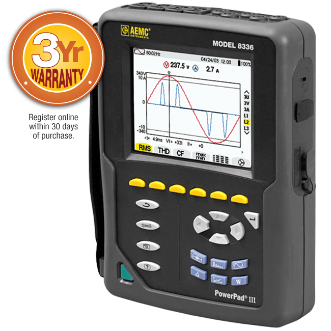 AEMC PowerPad® III Model 8336 w/4 193-24-BK AmpFlex® Sensors Replacement for Model 8335 Series