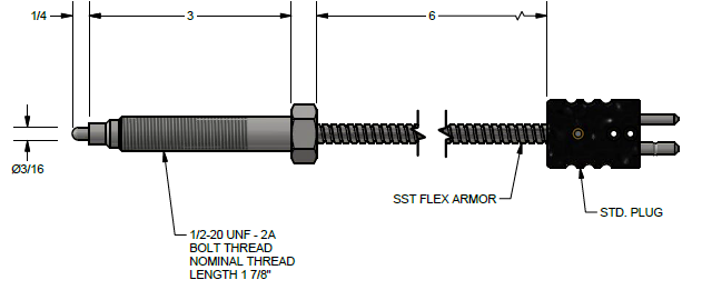 PYROMATION MELT BOLT THERMOCOUPLE, 3/16" DIA, 3" PROBE, 1/4" TIP, 6" FIBERGLASS LEADS/SSFLEX ARMOR  W/ STANDARD PLUG