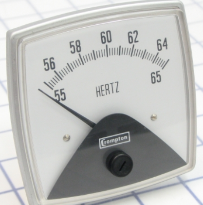 CROMPTON MODEL 16 - 90MM (3.5 INCH), SHORT SCALE FREQUENCY METER SPEC. ANSI C39.1 STANDARD. INPUT. 480 VOLTS AC. FREQUENCY. 55/65 HERTZ. SCALED. 55-60-65 HERTZ. BLACK MASK AND SILVER BEZEL