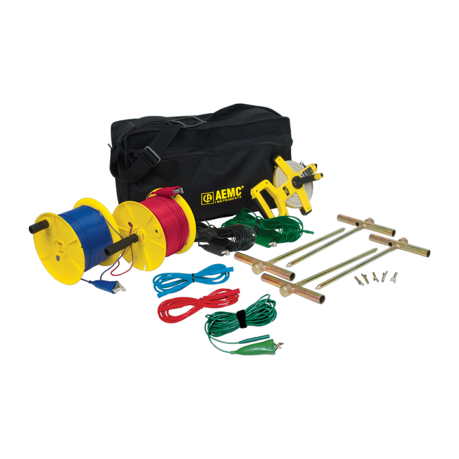 AEMC Test Kit for 4-Point Testing, Kit (Carrying Bag, [2] 500 ft Color-coded Leads on Spools (Red/Blue), [2] 100 ft Color-coded Leads (hand tied-Green/Black), [1] 30 ft Lead (Green), [2] 5 ft Color-coded Leads (Red/Blue), [4] 14.5" T-shaped Auxiliary GroundElectrodes, [1] Set of 5, Spaded Lugs and [1] 100 ft AEMC® Tape Measure)