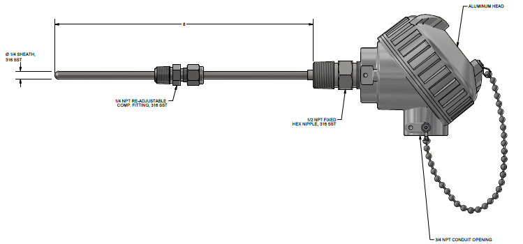 TYPE J THERMOCOUPLE, 1/4" X 3 5/8", SPRING-LOADED ELEMENT, 1/2"SS THREAD WITH WHITE POLY HEAD