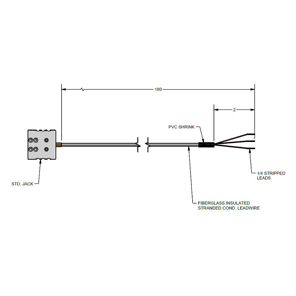 Pyromation Flexible RTD, Single 3-Wire,180" Fiberglass Lead (2" Split 1/4" Stripped)