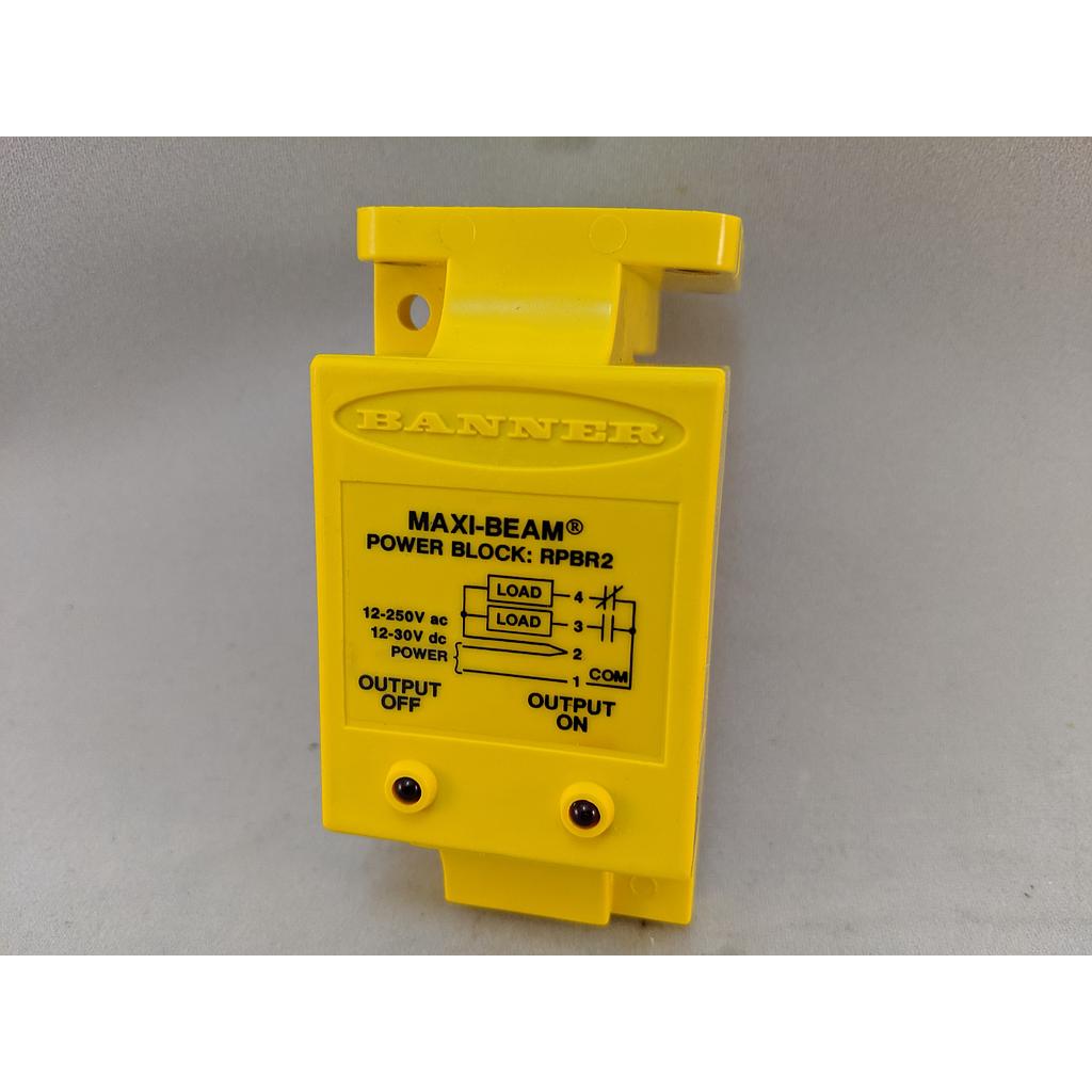 Banner MAXI-BEAM: Power Block; Range: Depends on Sensor; Input: 12-30 V dc-12-250 V ac; Output: SPDT Electromechanical Relay; Wiring Chamber (RPBR2)