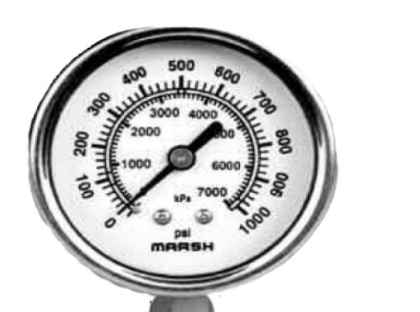 MARSH 63MM SEVERE SERVICE PRESSURE GAUGE, 1/4" BOTTOM CONNECTION, 0-600PSI/KPA, ALL SS, GLYCERINE FILLED