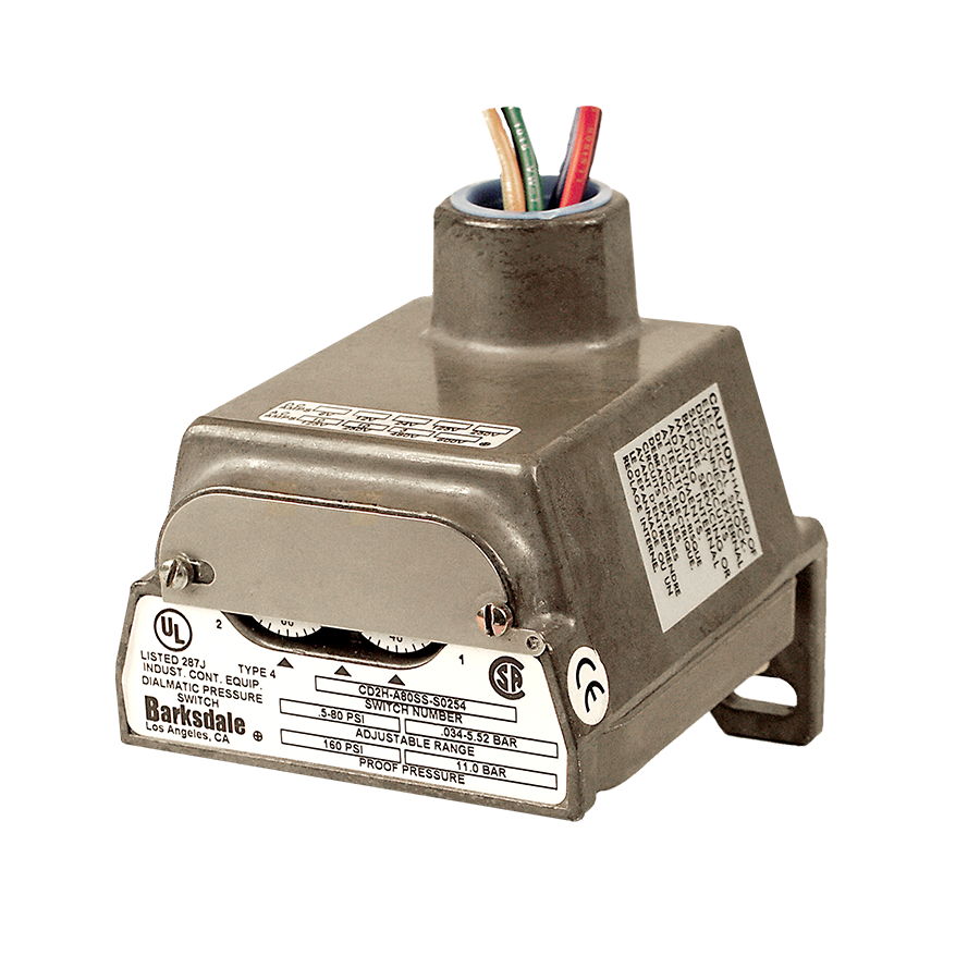 Barksdale CD2H Diapgragm Pressure Switch, Dual Setpoint, 10 Amps @ 125/250 VAC; 3 A @ 480 VAC; .5 A @ 24 VDC, 0.3 to 3 psi (0.06 to 6 inHg), 1/4" NPTF