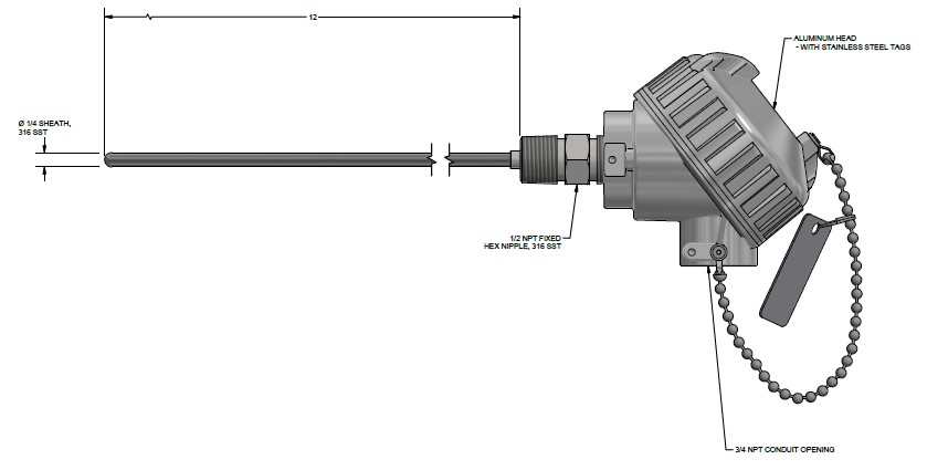 Pyromation Fixed-Sheath RTD, Single 3-Wire, 1/4" OD x 12" SS Sheath, Aluminum Head, SS Tags, 3 Point Certs