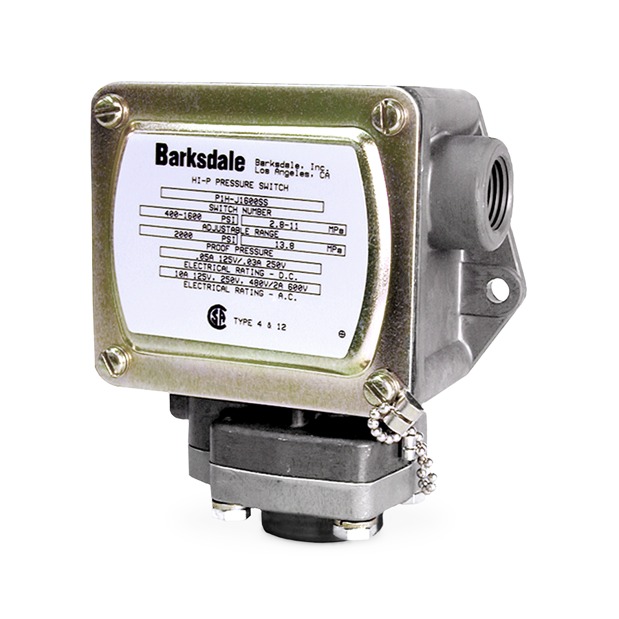 Barksdale P1H Dia-Seal Piston Pressure Switch, 10 Amp @ 125/250/480 VAC; 2 A @ 600 VAC; 0.05 A @ 125 VDC, 6 to 340 psi, 1/4" NPT SS, Buna-N O-Ring, 1/2" NPT Press. Fitting, NEMA 4X Encl