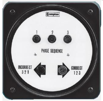 CROMPTON MODEL 077, 4.5"  SWITCHBOARD AC PHASE SEQUENCE/ PHASE FAILURE INDICATOR, 151/300V 60Hz