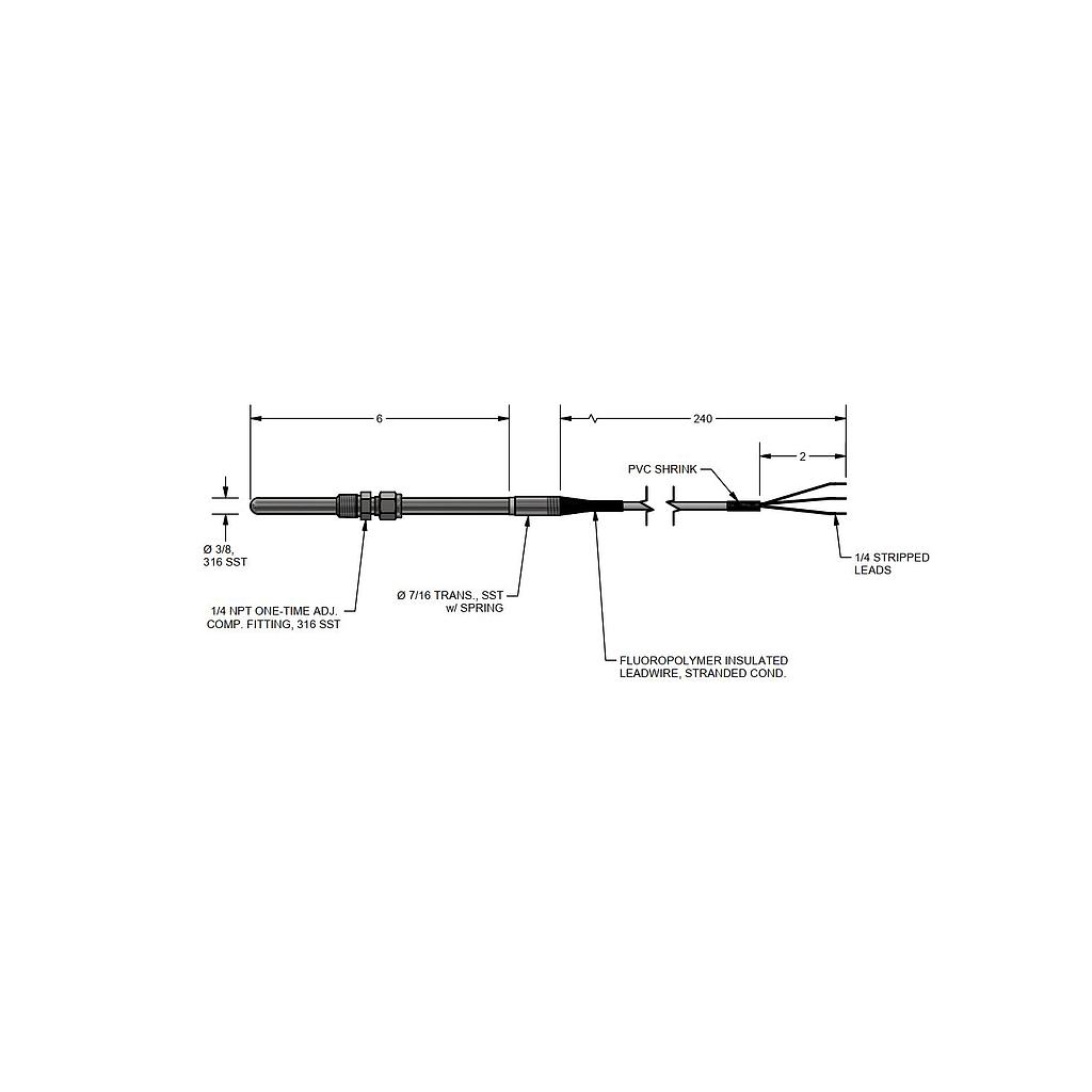 Pyromation RTD Assembly, Single 3-Wire, 1/4" OD x 6" Sheath, 300" FPM Leads (2" Split, 1/4" Stripped) w/Relief Spring
