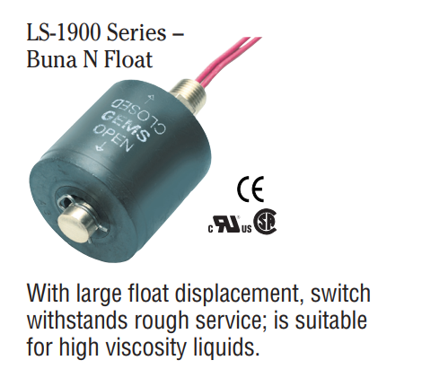 GEMS LS-1900 LEVEL SWITCH, BUNA N FLOAT, 316 SS STEM & MOUNTING, 150PSI MAX PRESSURE, SPST SWITCH, 20VA