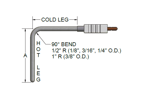 Pyromation RTD Assembly, Single 3-Wire, 1/4" OD x 40" Sheath, Bent 90° (36" Hot/4" Cold), 12" FPM Leads w/o Spring or Heat Shrink