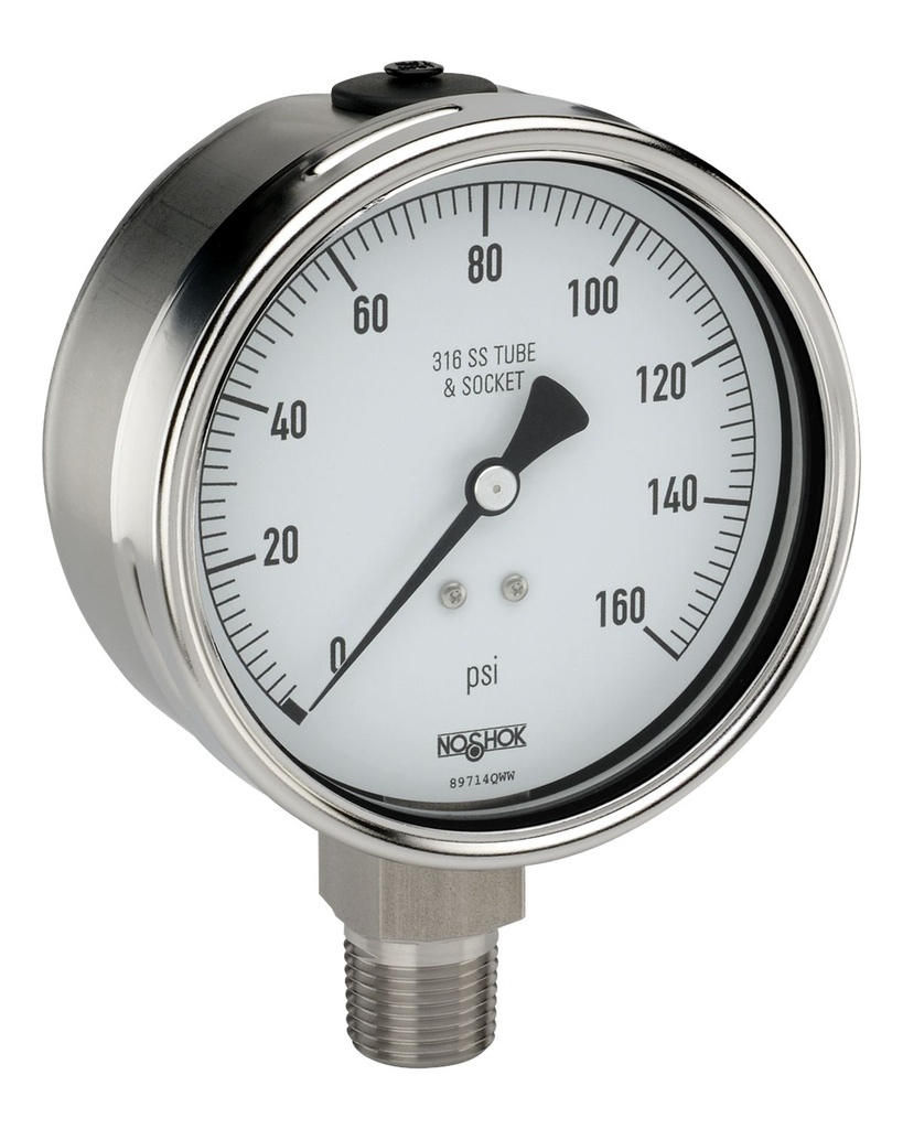 500 Series Stainless Steel Liquid Filled Pressure Gauge, -30 inHg to 0 to 160 psi, 304SS Rear Flange
