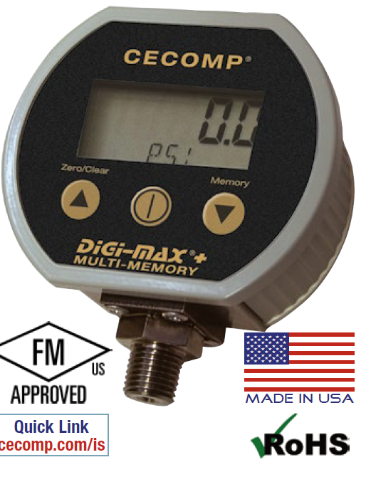 CECOMP INTRINSICALLY SAFE, BATTERY POWERED DIGITAL PRESSURE GAUGE 3PSIG, MIN/MAX MEMORY, BACKLIT DISPLAY, NO AUTO SHUTOFF, HIGH ACCURACY 0.1%