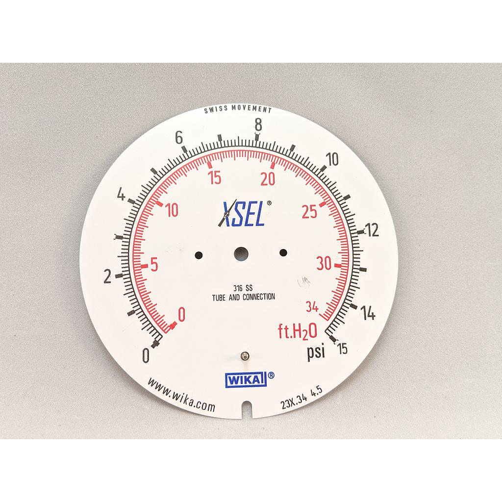 Wika Custom Dial Only, 0-15 PSI and 246.16 to 280.76 ft H2O for 232.25 Gauge