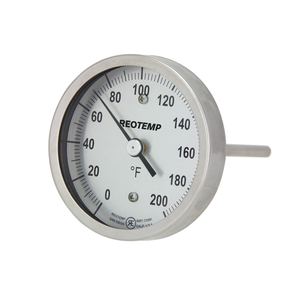ReoTemp Bimetal Dial Thermometer, 3" Dial, Back Conn./Reset, 12" Stem, 1/2" NPT, 50/500°F, Laminated Safety Glass