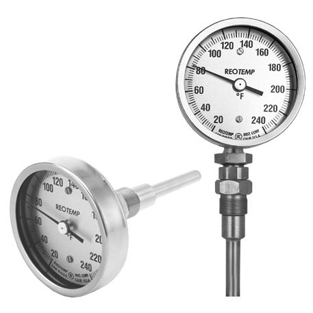 ReoTemp Heavy-Duty Navy Type Bimetal Thermometer 3" Dial, Bottom Connection w/ Reset, 2" Stem x 3/8" Dia., 3/4-28 Thread, 20/240°F