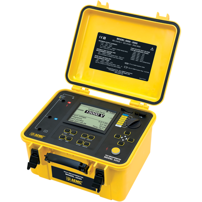 AEMC Megohmmeter Model 6555 (Graphical, Analog Bargraph, Backlight, Alarm, Timer, 500V, 1000V, 2500V, 5000V, 10kV, 15kV,Ramp, StepV, Variable, Auto DAR/PI/DD, USB, w/DataView® Software)