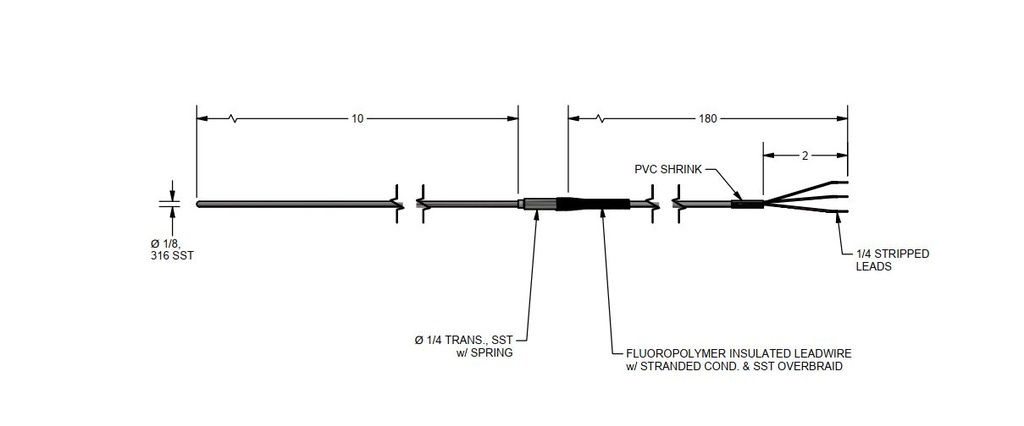 Pyromation RTD Assembly, Single 3-Wire, 1/8" OD x 10" Sheath, 15' FPM Leads (2" Split, 1/4" Stripped) w/Relief Spring