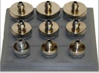 Set of 9 quick connect test fittings in brass with resin holder 3 of each size (1/4", 1/2", 3/4")