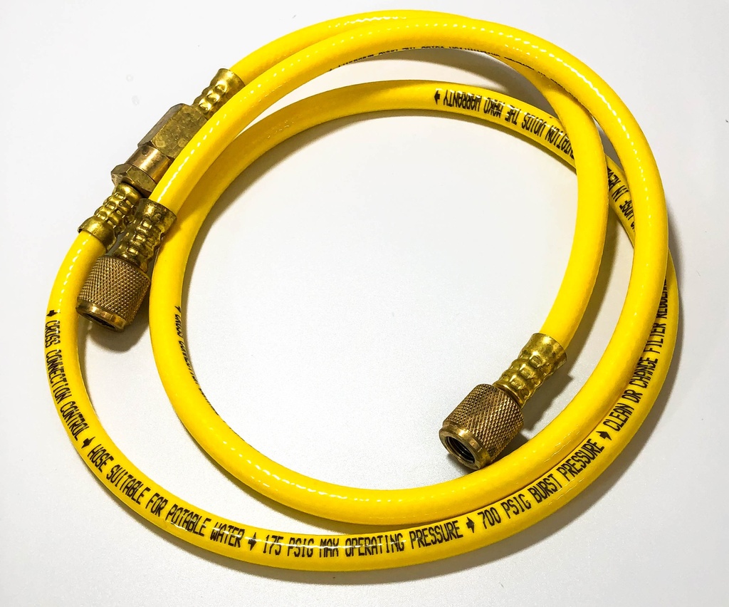 Yellow PVC 700 psi max hose with filter and O-rings installed.  Custom designed for backflow testing and potable water safe