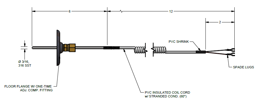 Single Element RTD 100 ohm Platinum Temperature Range -200 to 600 Degrees C 3/16 Inch Diameter 316 Stainless Steel Sheath 2-Wire Sheath Length 6"Same Size Transition with Heat Shrink Tubing 220 Degrees F Coil Cord - PVC Insulation - Stranded Conductor - 60 Inch Extended Length 2 Inch Split Leads with Spade Lugs