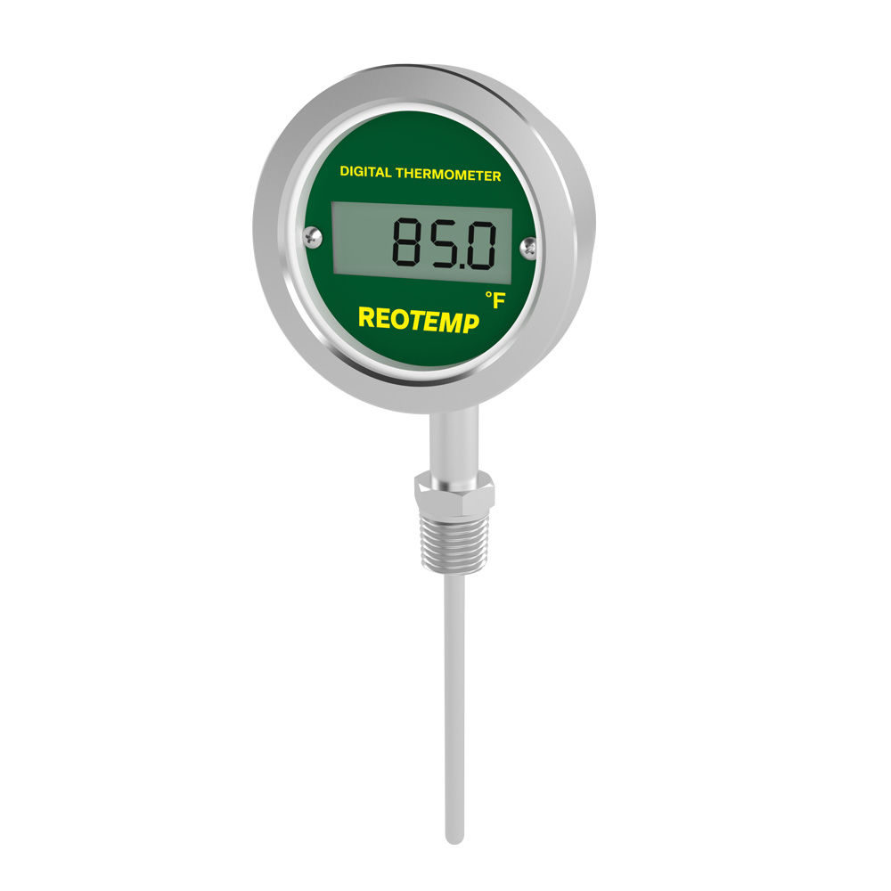 Reotemp Direct Mount Digital Thermometer, Back Connection, No Analog Output, 1/2" NPT, -58/392°F (Displays Decimal Pt.), 3/8" Dia. 6" Stem, Class A 1000Ω RTD