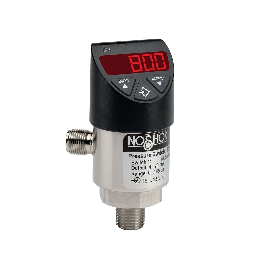 800 Series Electronic Indicating Pressure Transmitter/Switch, 0 to 160 psig, 1/2" NPT-Male, 1 N.O. or N.C. (PNP or NPN) with 4 mA to 20 mA 3-wire analog output, M12 x 1 (4-pin)