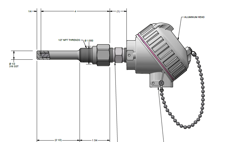 Pyromation Spring-Loaded RTD, Single 3-Wire, 1/4" OD, Cast Iron Head, 6" Thermowell (SS, 1/2 NPT)